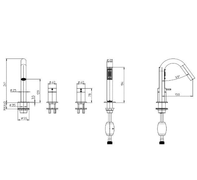 Смеситель на борт ванны на 4 отверстия BOSSINI NOBU INZ228.075 с выдвижным ручным душем, шлангами и противовесом, цвет Матовая нержавеющая сталь