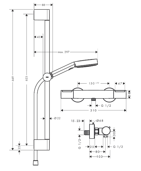 Душевой набор c термсостатом Ecostat Element HANSGROHE Pulsify Select 24272670 105 3jet, c EcoSmart и душевой штангой 650 мм, цвет Чёрный матовый