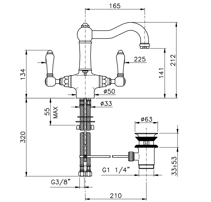 Смеситель двухвентильный для раковины NICOLAZZI TRADIZIONALE 1432CR78 с вентилями PETIT MONT BLANC, хром
