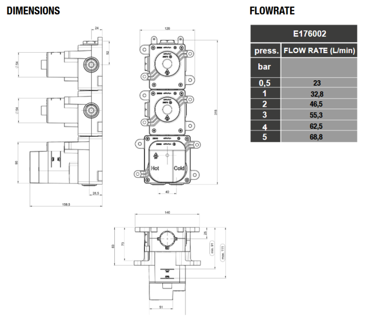 Встраиваемая внутренняя часть термостата ALMAR HIGH FLOW E176002 на 2 потребителя c 2 запорными вентилями, цвет Чёрный