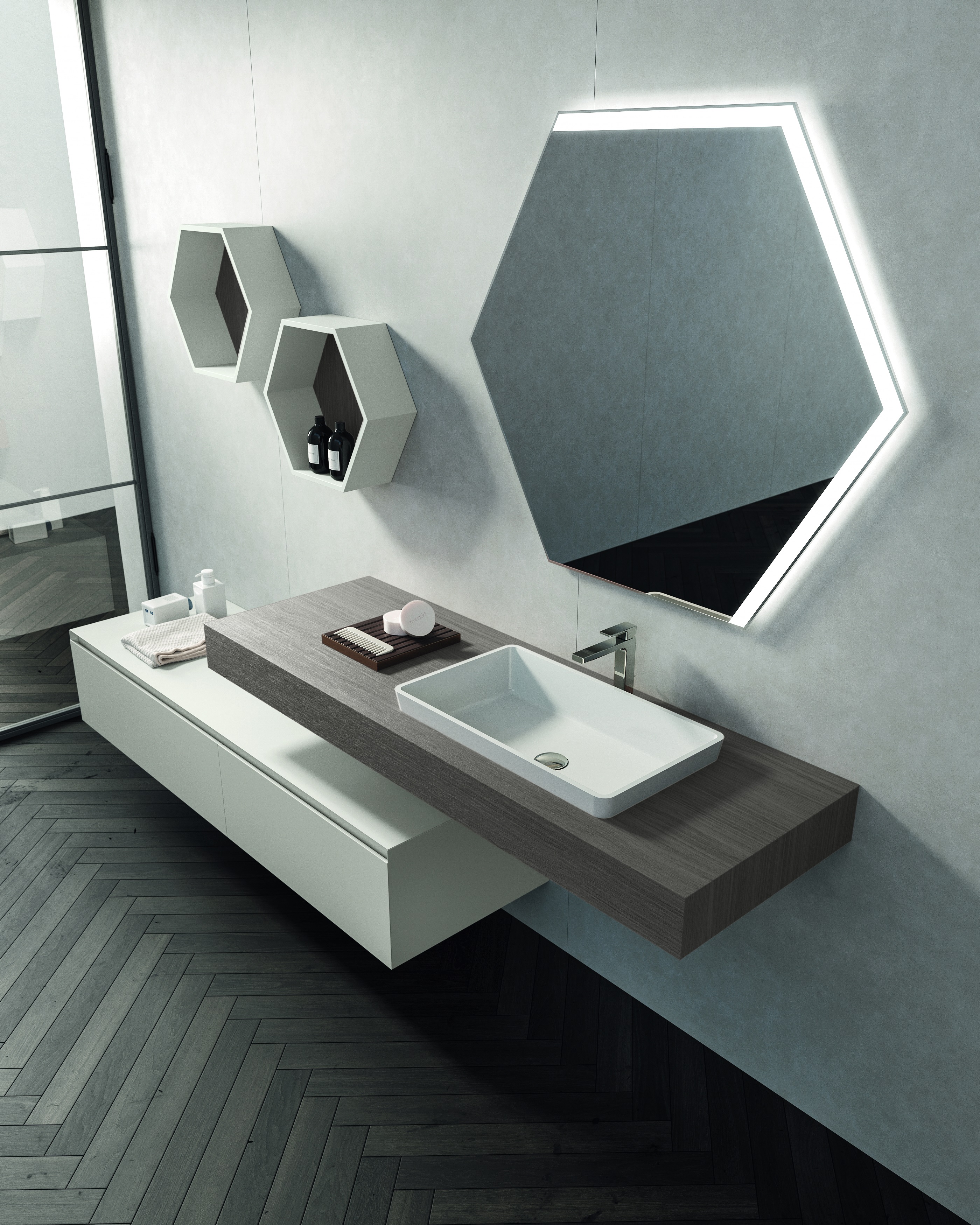 Зеркало шестиугольное с подсветкой для ванной комнаты BMT IKON 801 425 104 01    1040х900х35 мм, серый