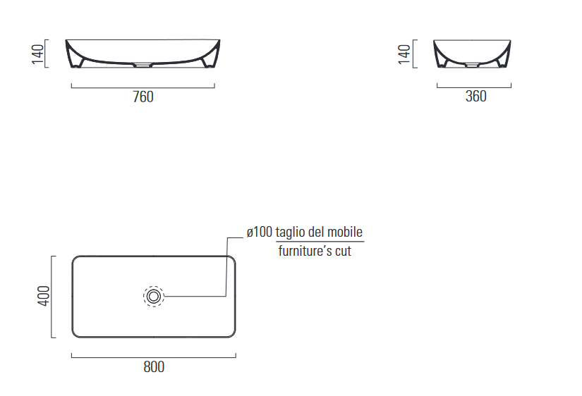 Раковина накладная GSI NUBES 904024 800 мм х 400 мм, без перелива, без отверстия под смеситель, цвет матовый Blush