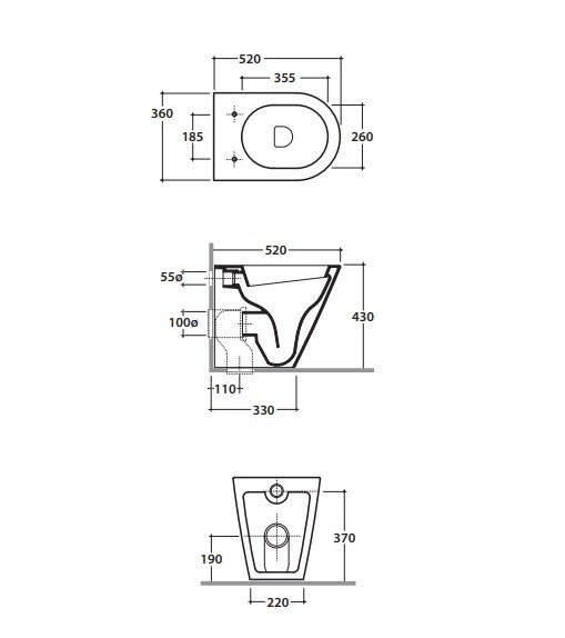 Унитаз напольный приставной укороченный GLOBO FORTY3 FO002BI 360 мм х 520 мм, c выпуском Vario, с креплением, белый глянцевый