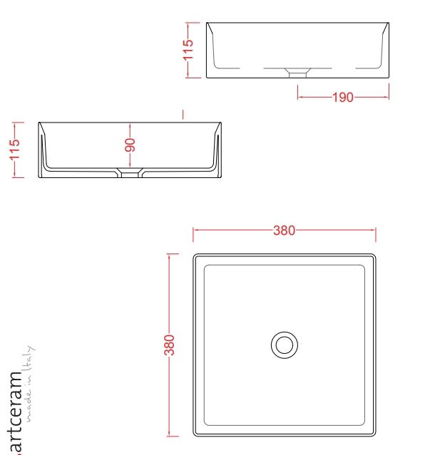 Раковина квадратная накладная ARTCERAM SCALINO SCL001 01 00 380 мм х 380 мм, без отверстия под смеситель, без перелива, белый глянцевый