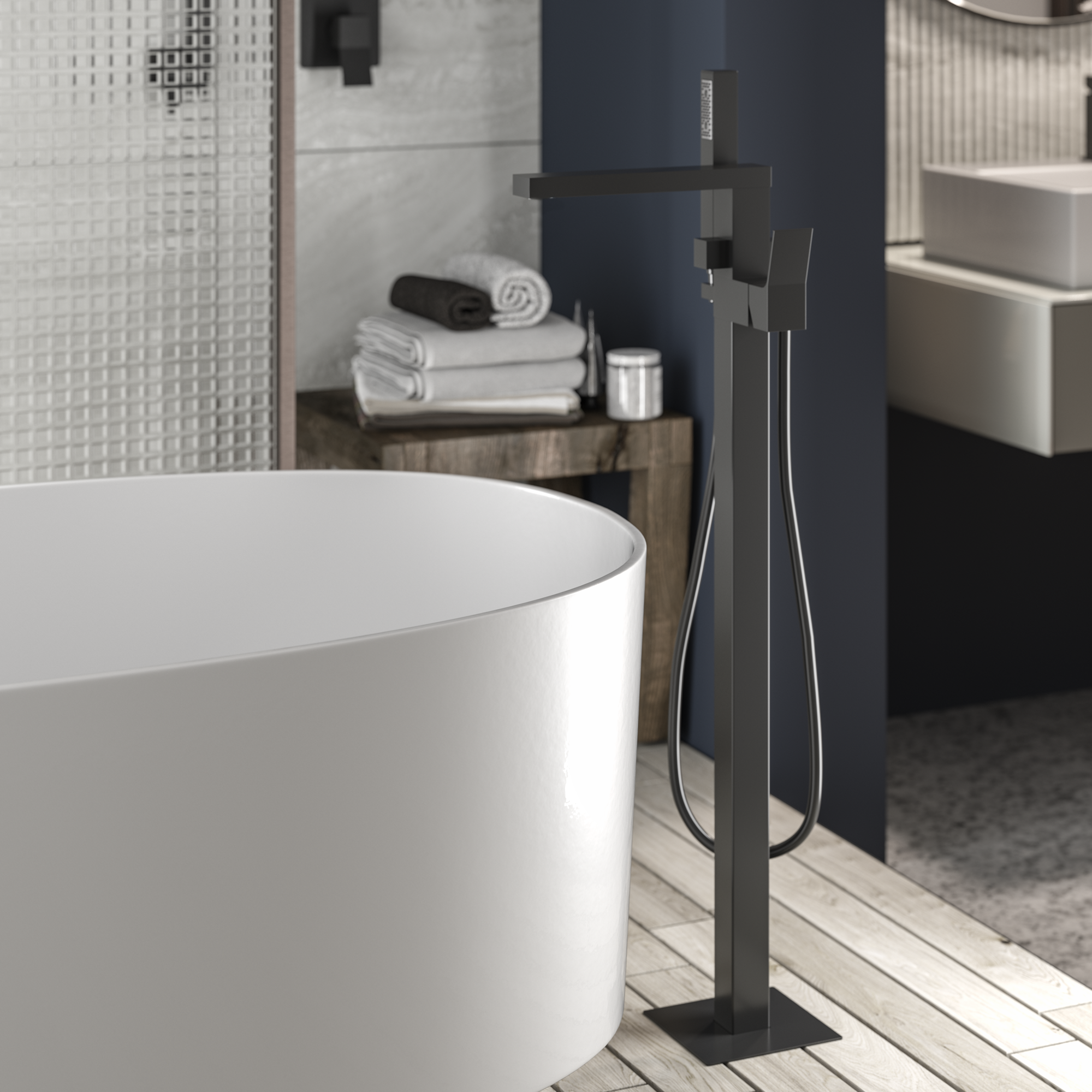 Напольный однорычажный смеситель для ванны BOSSINI AKI Z00771.030 со шлангом 1250 мм и лейкой, цвет Хром