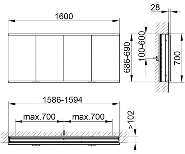 Зеркальный шкаф без подсветки KEUCO Royal Modular 2.0 800401160000500 с четырьмя дверцами, настенный, серебристый анодированный