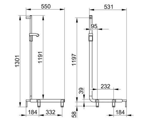 Поручень вдоль стены правый KEUCO AXESS 35008 016601 550/531/1301 мм, со штангой для душа, цвет Хром