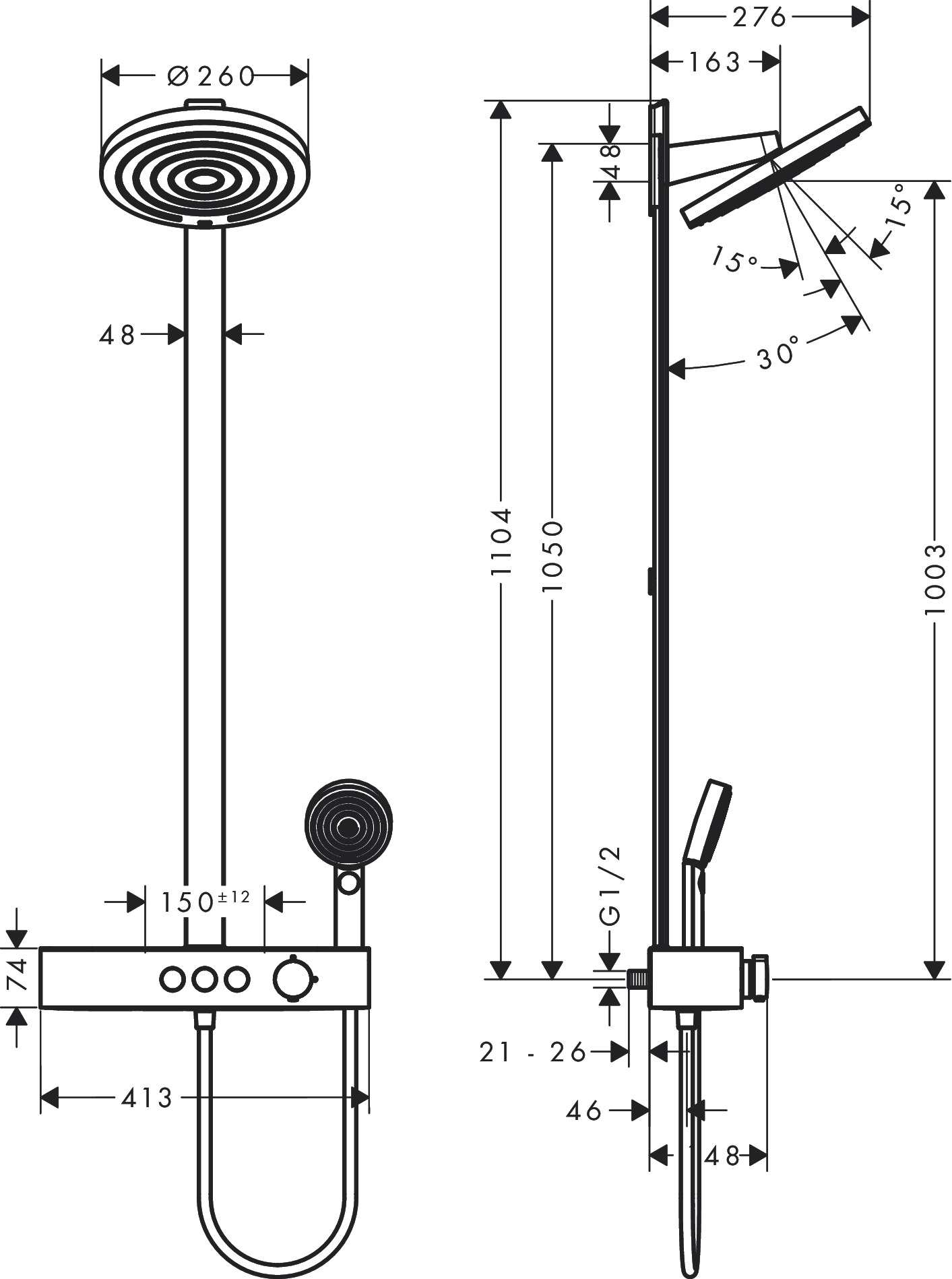 Душевая система с термостатом для душа Hansgrohe Pulsify S 24240670 Showerpipe 260 2 jet, матовый чёрный