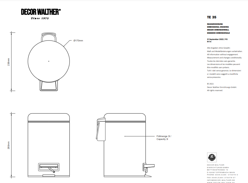 Ведро для мусора с крышкой и педалью DECOR WALTHER  Basic TE 35    0615760    26 x 17 x 24 см, 2,5 л, цвет  черный матовый (Изделие может иметь нюансы, которые не считаются браком)