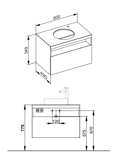 Тумба под раковину KEUCO STAGELINE 32865 970000 490 мм х 800 мм х 549 мм, с 1 выдвижным ящиком, с отверстием под смеситель справа, с сифоном, вулканит/вулканит