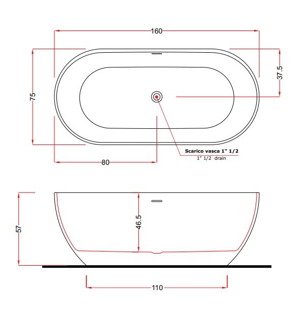 Ванна отдельностоящая TREESSE CLIVIA V447BL 800 мм х 1700 мм, из композита Solid Surface, белый глянцевый