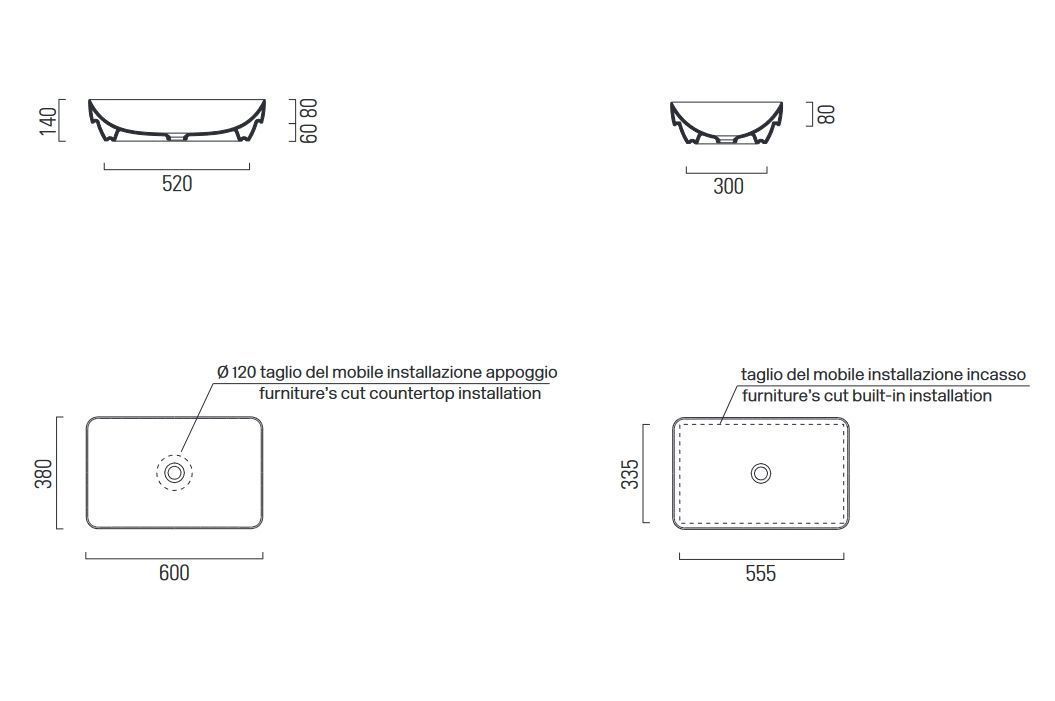 Раковина накладная GSI PURA 883704 600 мм х 380 мм, без отверстия под смеситель, без перелива, цвет Agave Matte