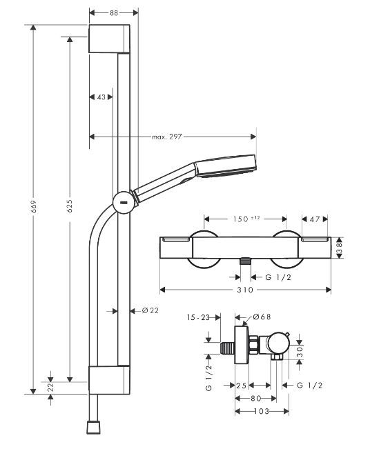 Душевой набор c термсостатом Ecostat Element HANSGROHE Pulsify Select 24272670 105 3jet, c EcoSmart и душевой штангой 650 мм, цвет Чёрный матовый