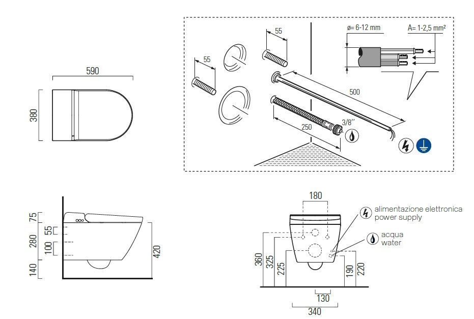 Подвесной умный безободковый унитаз GSI WClean 7418K11 590х375 мм, с модулем электронного биде и сиденьем Soft-Close, цвет Белый глянцевый