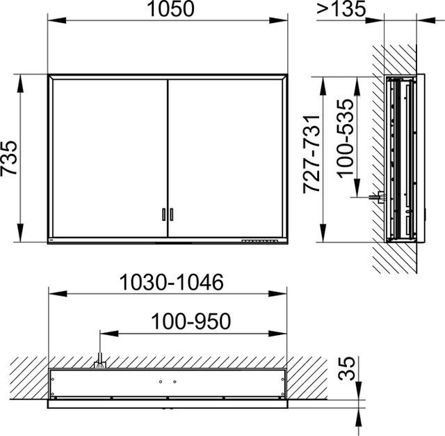 Зеркальный шкаф с подсветкой для встраиваемого монтажа KEUCO Royal Lumos 14318 172301 165х1050х735 мм, 2 дверцы, цвет Алюминий серебристый анодированный