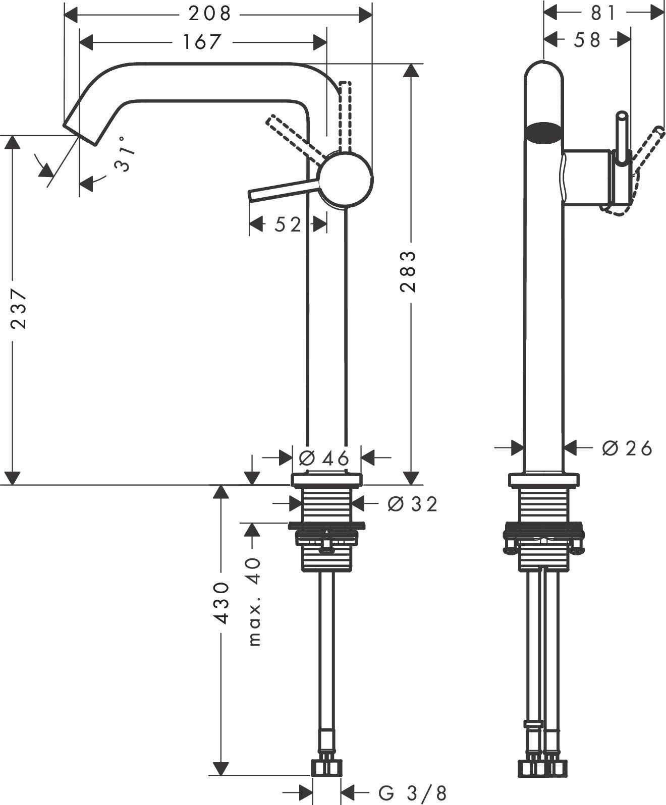 Смеситель однорычажный для раковины HANSGROHE TECTURIS S 73370000 240 мм, с EcoSmart+ и CoolStart, с донным клапаном, цвет Хром