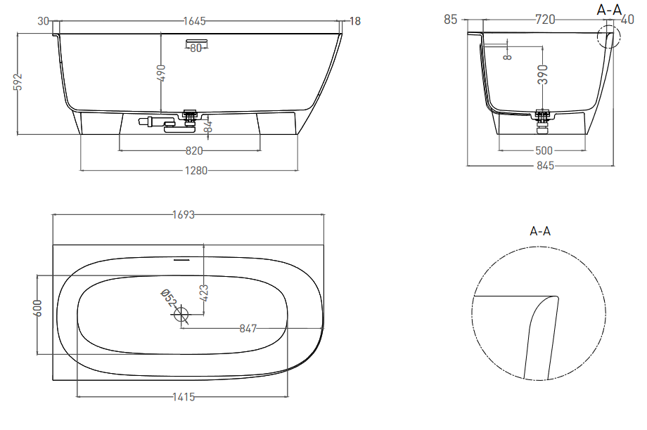 Левая угловая ванна с овальной чашей SOFIA CORNER L 102525M 1700х850х590 мм, S-Stone, донный клапан, сифон, интегрированный слив-перелив, цвет Белый матовый