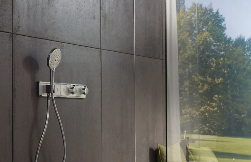 Термостат для душа HANSGROHE RainSelect 15355600 с двумя кнопками и выпуском для шланга, Чёрный/Хром