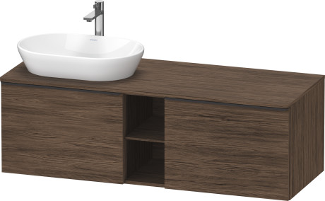 Тумба подвесная под раковину слева DURAVIT D-Neo DE4950L2121 1400 мм х 550 мм, с 2 выдвижными ящиками и открытой полкой, орех тёмный