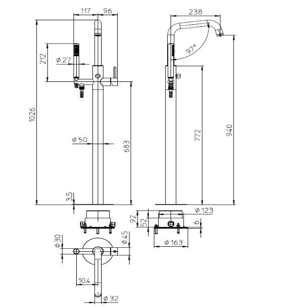 Однорычажный напольный смеситель для ванны BOSSINI TEO Z00751.030 со шлангом 125 см и лейкой Zen, цвет Хром