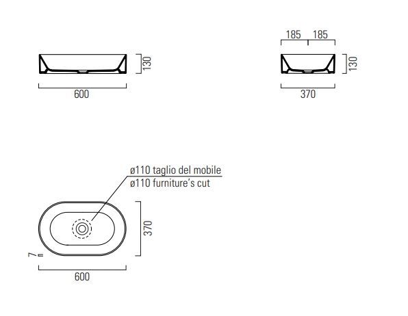 Раковина накладная овальная GSI KUBE X 945811 370 мм х 600 мм, без отверстия под смеситель, без перелива, белая глянцевая
