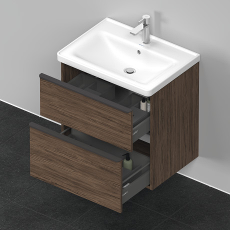 Тумба подвесная под раковину DURAVIT D-Neo DE435402121 634 мм х 452 мм, с выдвижным ящиком и выдвижным отделением, орех тёмный