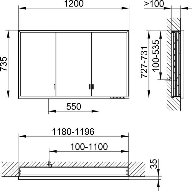 Зеркальный шкаф с подсветкой встраиваемый KEUCO Royal Lumos 14335 172301 130х1200х735 мм, 3 дверцы, цвет Алюминий серебристый анодированный