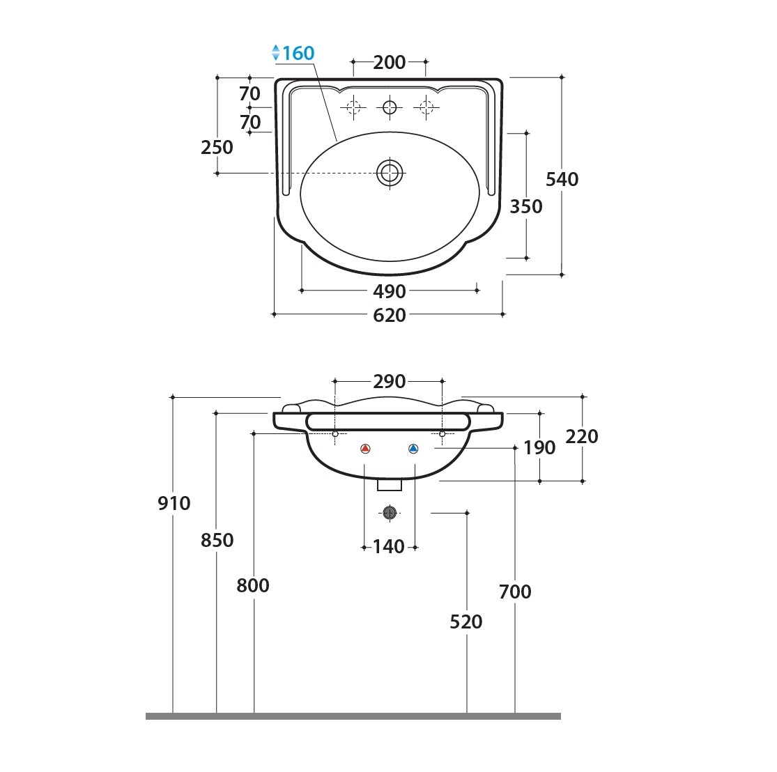 Раковина подвесная/для мебели GLOBO PAESTUM PA057BI 620 мм х 540 мм, c одним отверстием и двумя намеченными отверстиями под смеситель, с переливом, белая глянцевая