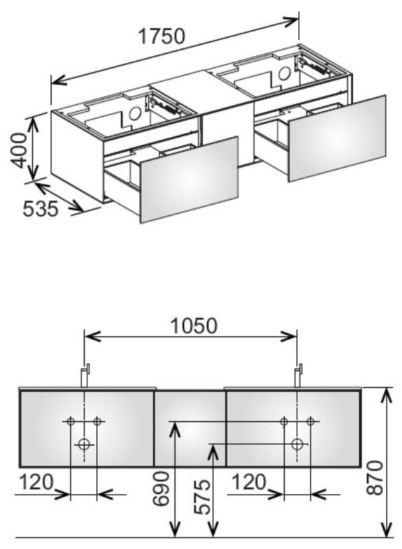 Тумба под 2 умывальника Keuco Edition Lignatur 33343 700011 1750x400x535 мм фасад дуб, корпус дуб