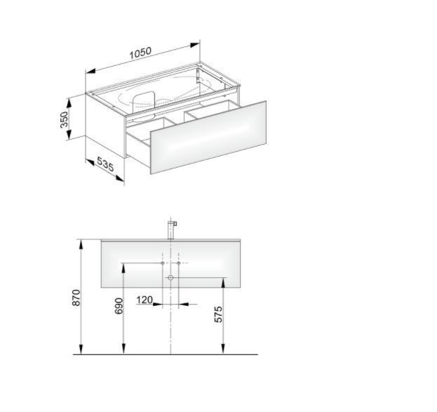 Тумба подвесная под раковину KEUCO EDITION 31351 110000 1050 мм х 350 мм, с одним выдвижным фронтом, корпус лак матовый/фасад глянцевое стекло, антрацит