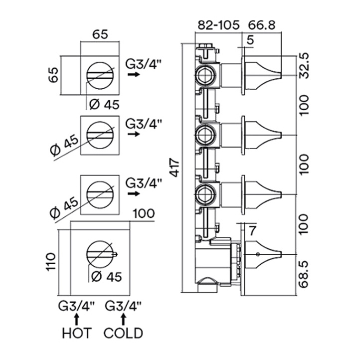 Наружная часть термостата High Flow для душа BOSSINI APICE Z035205.073 с отдельными панелями, Чёрный матовый