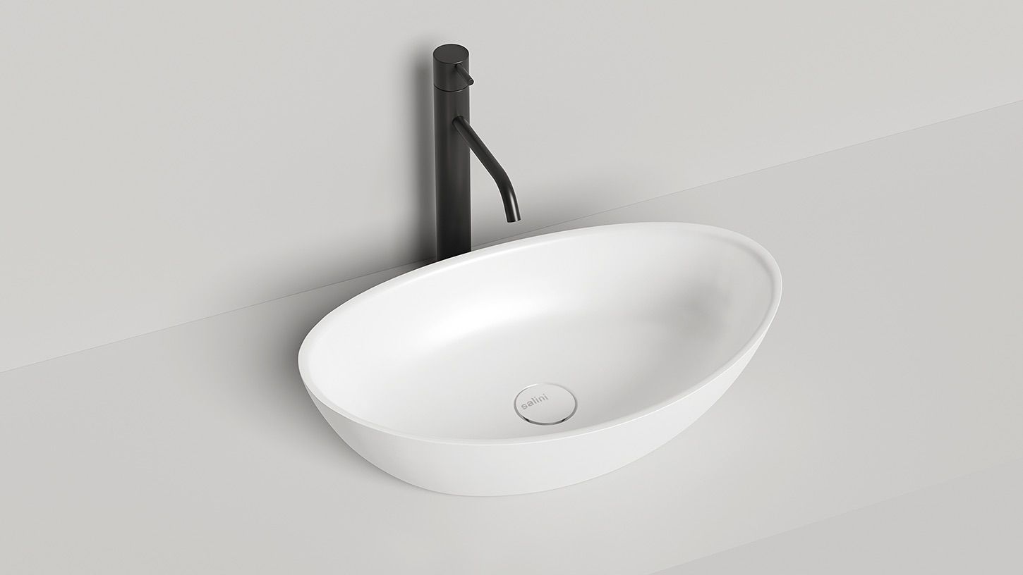 Раковина накладная овальная ассиметричная SALINI NOEMI 1101103G 340х560х150мм, S-Sense, без донного клапана, цвет Белый глянцевый