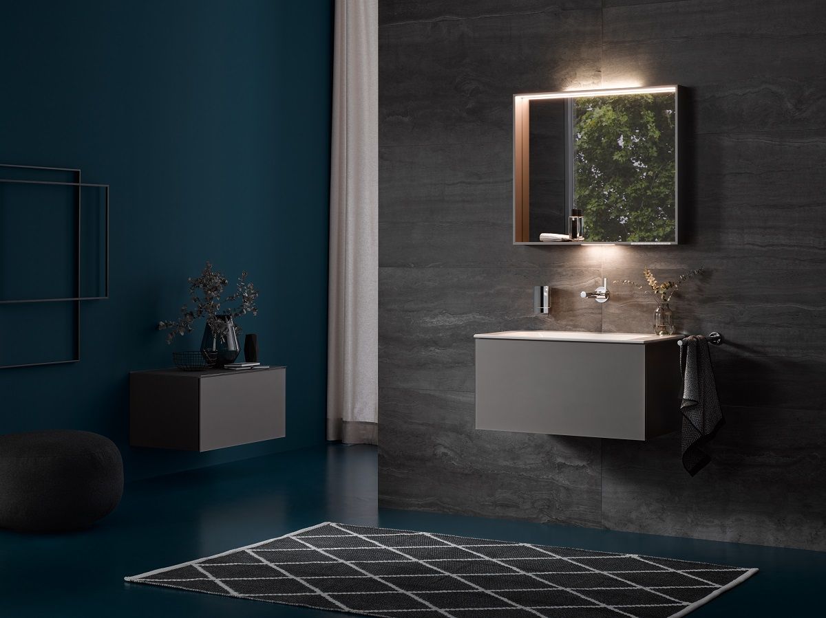 Боковая тумба Keuco Plan 32927 290000 корпус лак матовый инокс, фасад стекло инокс матовый петроль