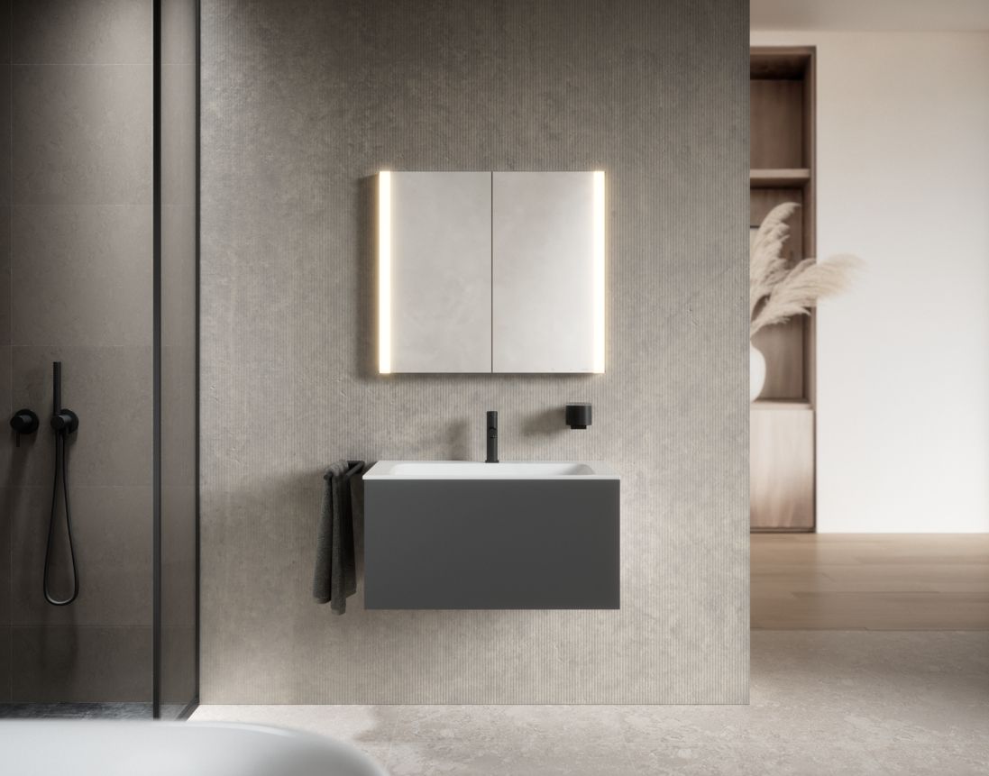 Зеркальный шкаф с подсветкой для настенного монтажа KEUCO Somaris 14502 512100 127 мм х 800 мм х 710 мм, с 2 поворотными дверцами, цвет корпуса Белый матовый