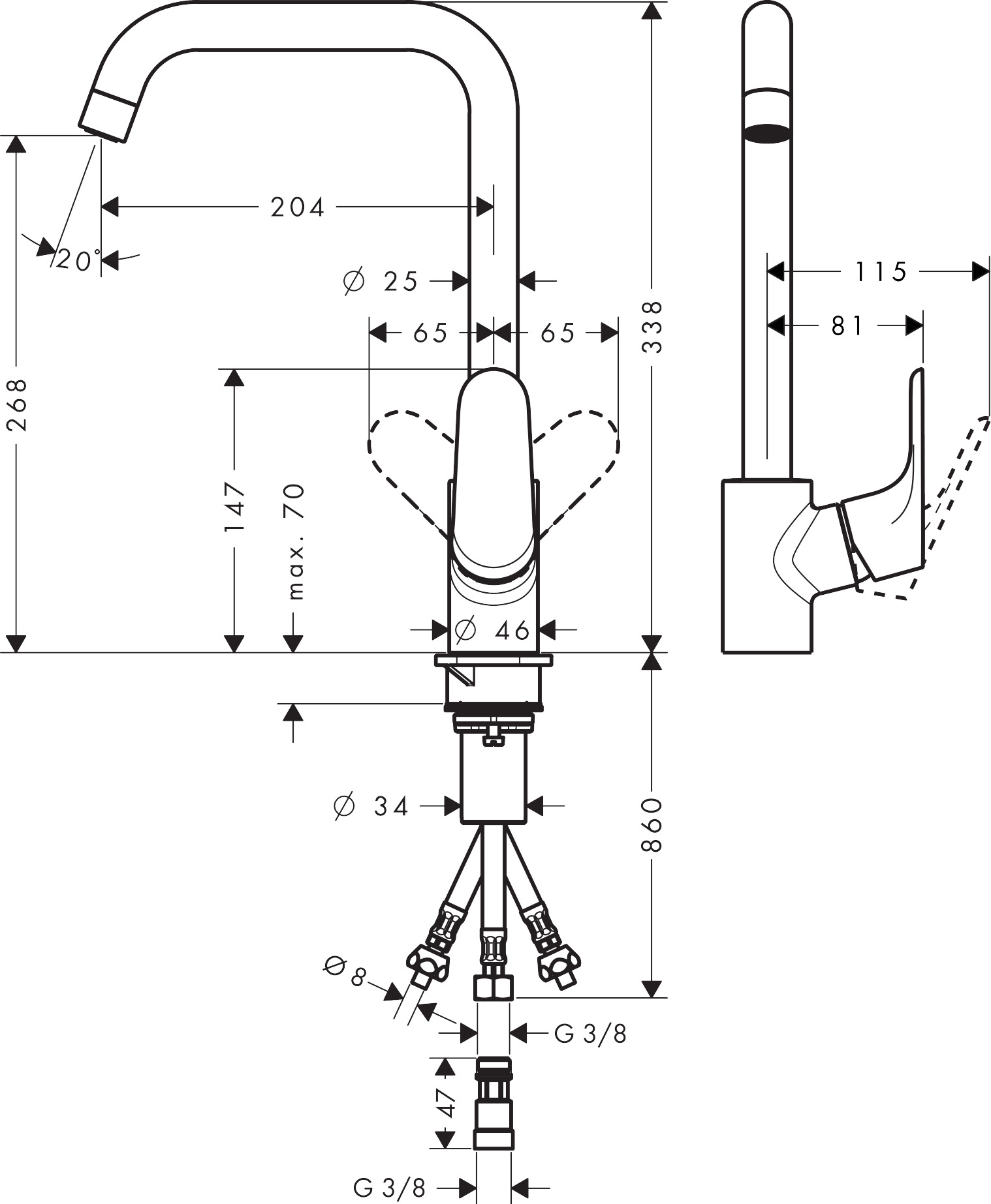 Высокий кухонный смеситель однорычажный с поворотным изливом 1jet HANSGROHE Focus M41 31822000 260 мм, для водонагревателей открытого типа, цвет Хром