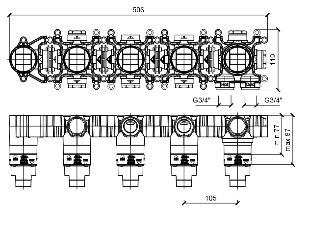 Встраиваемая внутренняя часть термостата ALMAR MODULAR PUSH E176911 на 3 потребителя, с модулем для ручного душа, цвет Чёрный
