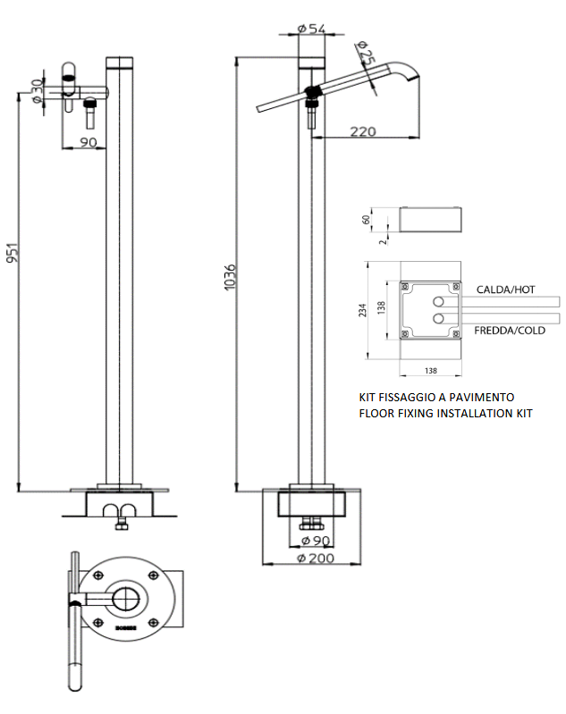 Однорычажный напольный смеситель для ванны Hansgrohe NOBU/INOX INL001.075 из нержавеющей стали, цвет Матовая нержавеющая сталь