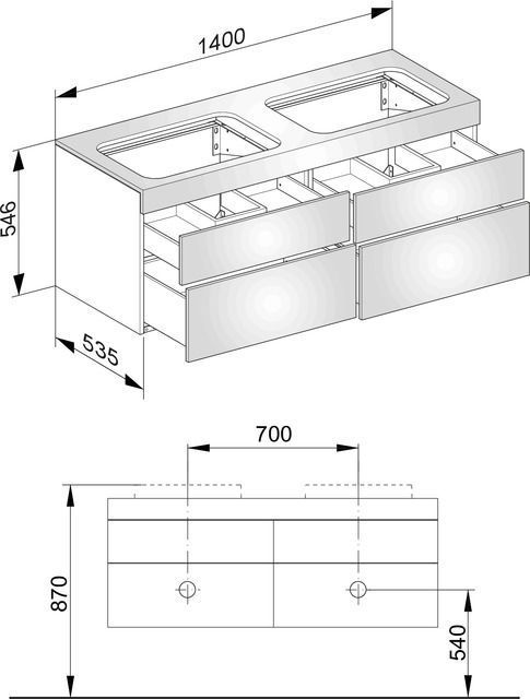 Тумба подвесная под две раковины KEUCO EDITION 400 31575 140000 без отверстия под смеситель, с четырьмя выдвижными фронтами, корпус структурный лак/фасад глянцевое стекло, трюфель