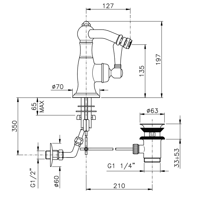Смеситель однорычажный для биде NICOLAZZI CINQUANTA 3453BZ76C с донным клапаном, бронза/белый