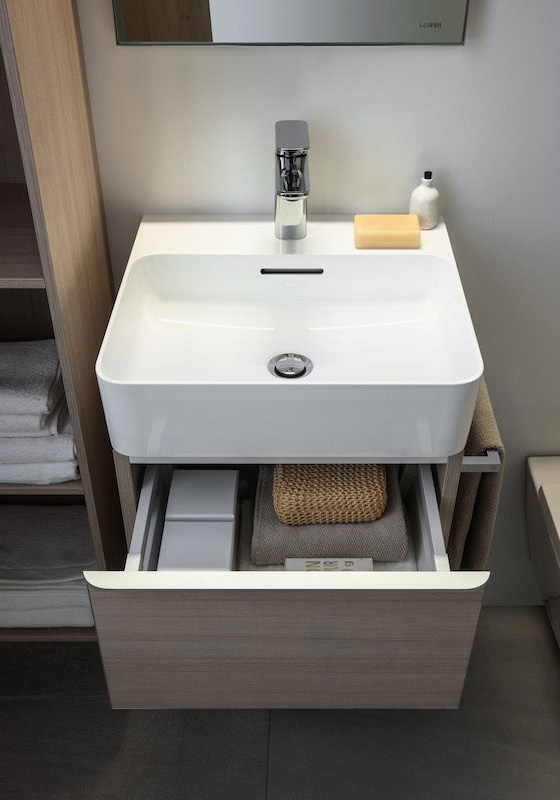 Тумба подвесная  Laufen  Space  4.1016.2.160.103.1 63,5 см,  под раковину Val  8.1028.4, 2 ящика, цвет темный вяз, ручки коричневый алюминий