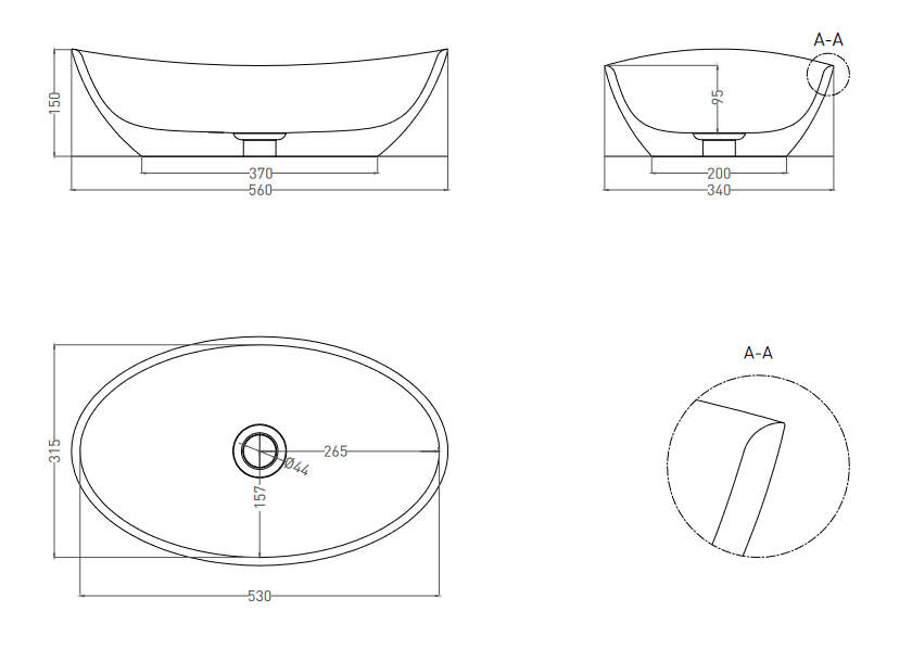 Раковина накладная овальная ассиметричная SALINI NOEMI 1101203SM 340х560х150мм, S-Stone, без донного клапана, цвет Белый матовый