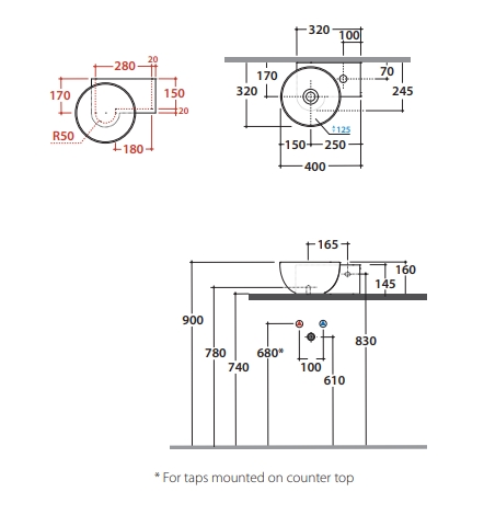 Раковина подвесная/накладная GLOBO T-EDGE TE040BI 400 мм х 320 мм х 160 мм, c отверстием под смеситель, без перелива, белая глянцевая