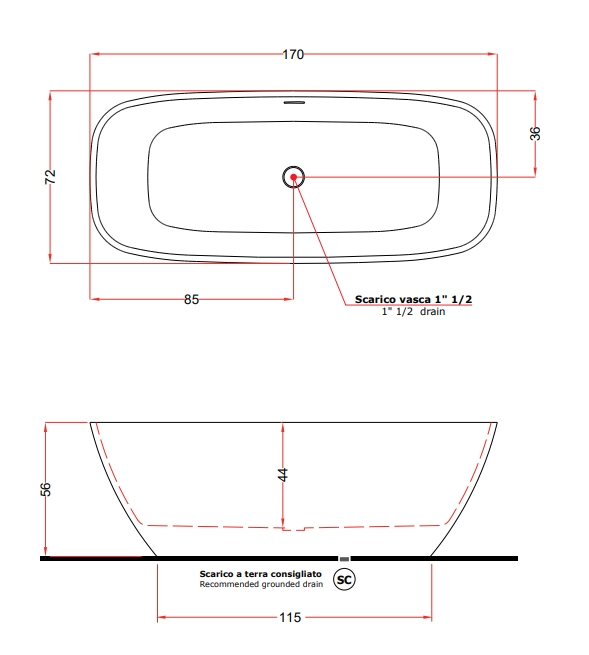 Ванна отдельностоящая TREESSE BRIO V297BL 720 мм х 1700 мм, из композита Solid Surface, белый глянцевый