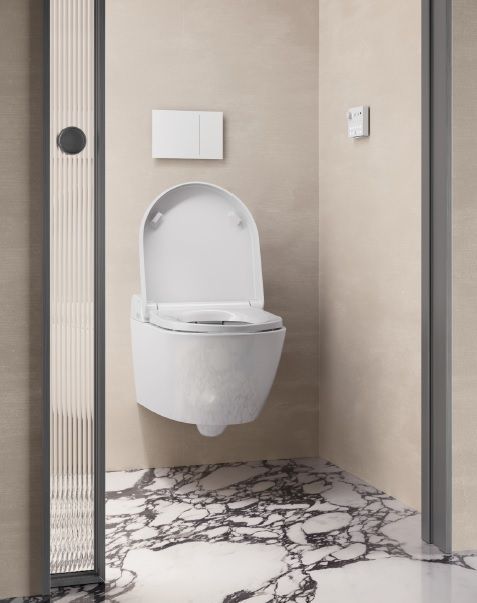 Подвесной умный безободковый унитаз GSI WClean 7418K11 590х375 мм, с модулем электронного биде и сиденьем Soft-Close, цвет Белый глянцевый