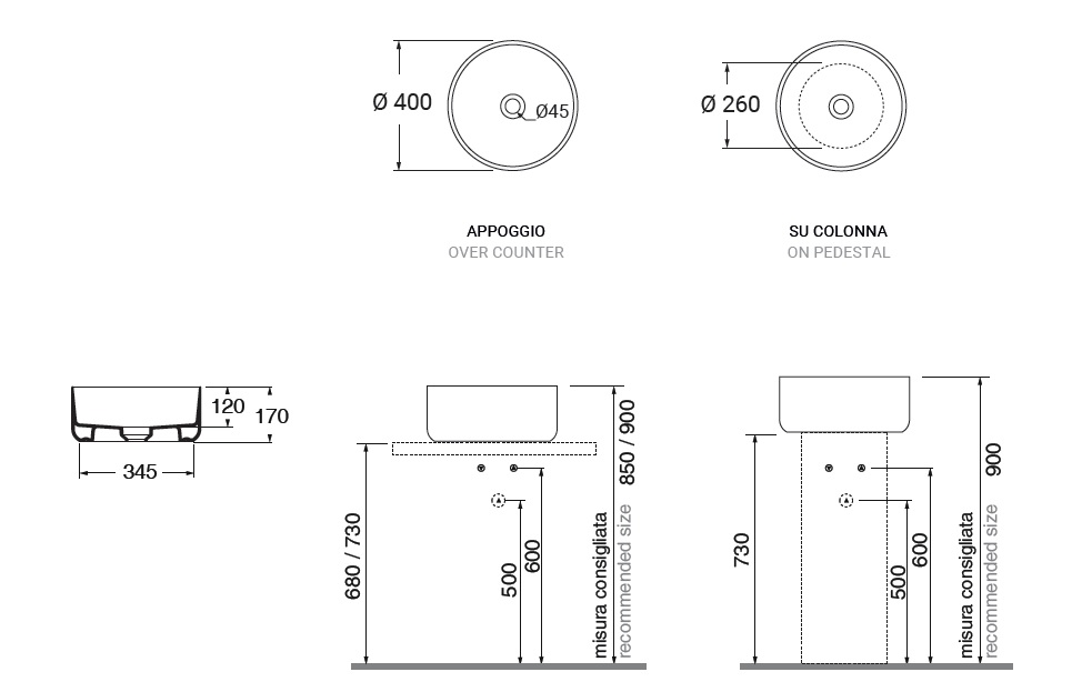 Раковина накладная круглая GSI AltaCeramica AC30135 400 х 400 мм, без отверстия под смеситель, цвет под белый мрамор Marbled white