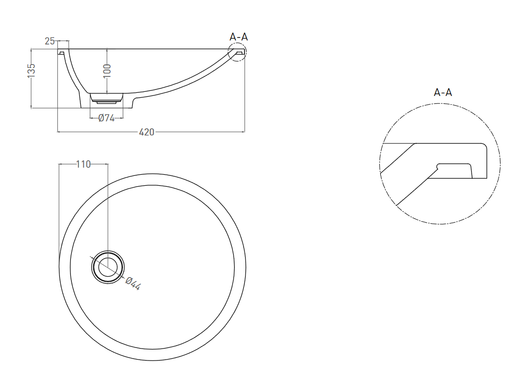 Раковина встраиваемая круглая SALINI MAREA 08 1802208M 420х420х135мм, S-Stone, без донного клапана, цвет Белый матовый
