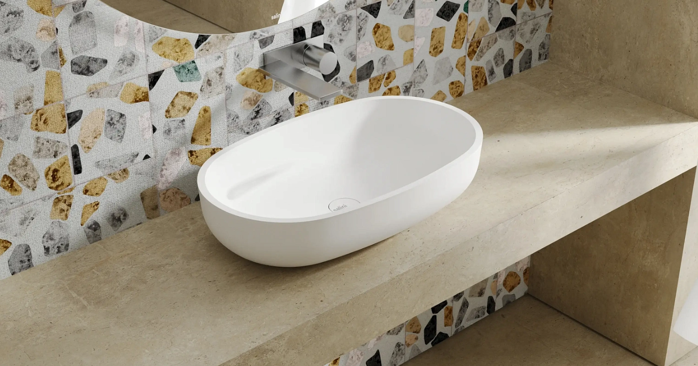 Раковина накладная овальная SALINI GLORIA 05 1102205M 385х640х145мм, S-Stone, без донного клапана, цвет Белый матовый