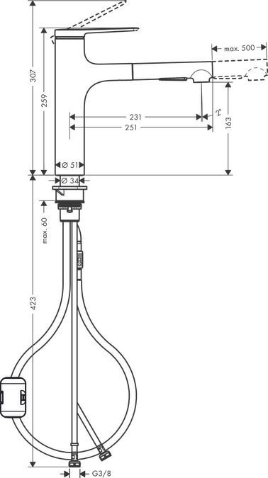 Смеситель однорычажный для кухни с вытяжным душем HANSGROHE ZESIS M38 2 JET 74801800 160 мм, под сталь