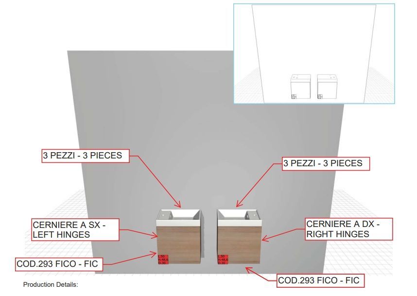 Тумба подвесная для раковины BMT BLUES 971 101 FED 01 S 293   500х486х300 мм, c одной дверцей, петли слева, цвет Fico
