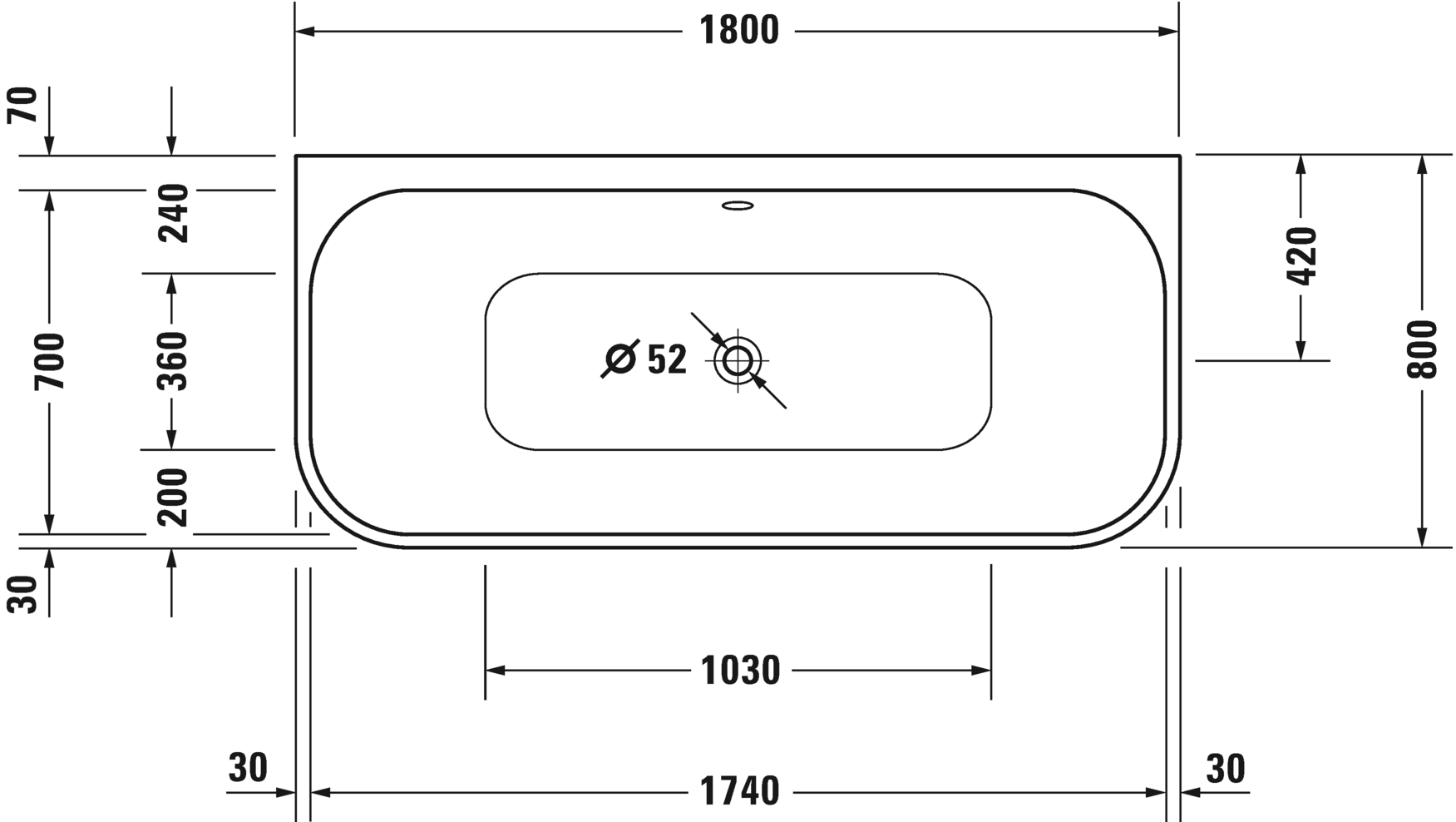 Акриловая ванна Duravit Happy D2 Plus 700451800000000 1800 х 800 c двумя наклонами для спины, с интегрированной акриловой панелью и ножками, пристенная, белая/графит супер матовый